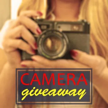 Blurred background lady with camera with web elements Stock Photos