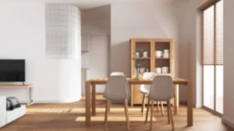 Blurred background, minimal dining and living room. Wooden table with chair.. Stock Illustration