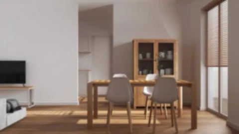 Blurred background, minimal dining and living room. Wooden table with chair.. Ilustración de archivo