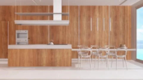 Blurred background, minimal kitchen with cabinets and island with chairs. P.. Stock Illustration