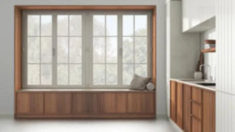 Blurred background, modern cozy kitchen and big window with bench. Wallpaper  Illustrazione stock
