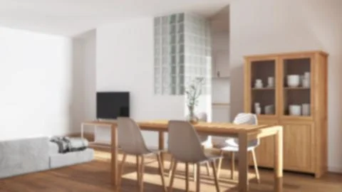 Blurred background, modern scandinavian dining and living room. Wooden tabl.. 스톡 일러스트