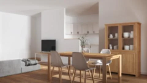 Blurred background, modern scandinavian dining and living room. Wooden tabl.. 스톡 일러스트