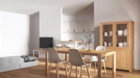Blurred background, modern scandinavian dining and living room. Wooden tabl.. 스톡 일러스트