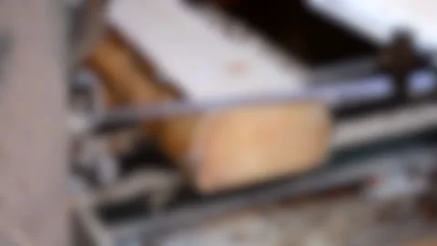 Blurred background. Process of machining logs in equipment sawmill machine saw Stock Footage 138008160