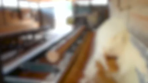 Blurred background. Process of machining logs in equipment sawmill machine saw Stock Footage 138037295