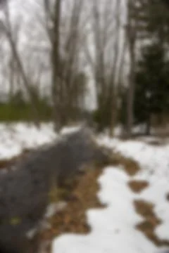 Blurred background of river in middle of forest with snow. Stock Photos