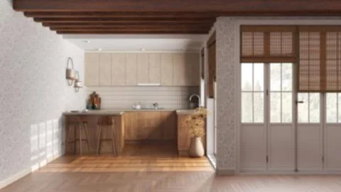 Blurred background, rustic wooden kitchen. Cabinets, island with stools, pa.. Stock Illustration