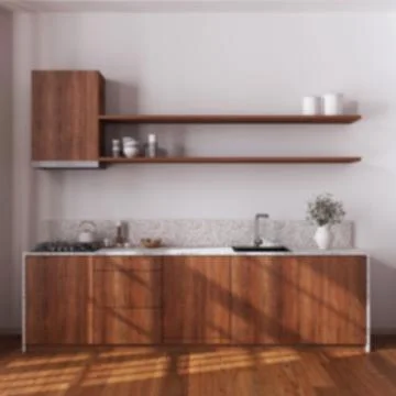 Blurred background, rustic wooden kitchen with appliances. Cabinets, shelve.. Stock Illustration