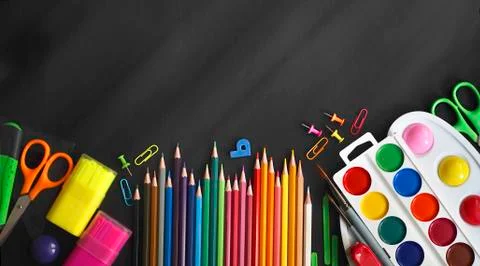 Blurred background of School office supplies on a table Stock Photos