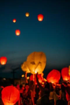 Blurred background of sky lantern Stock Photos