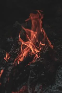 Blurred background. Small flame dying fire, bright red-orange flame. Cozy war Stock Photos