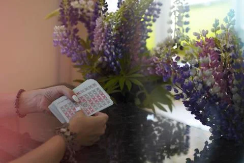 Blurred background of Tarot cards on table Stock Photos