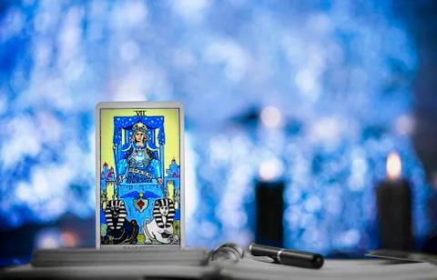 Blurred background of winter composition with tarot cards, chariot Stock Photos