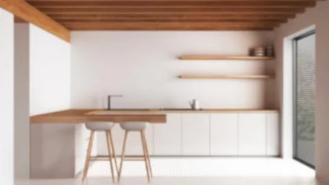 Blurred background, wooden japandi kitchen with resin floor and beams ceili.. Stock Illustration
