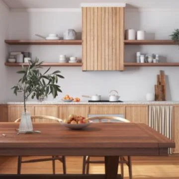Blurred background, wooden rustic kitchen and dining room. Cabinets and tab.. Illustrazione stock