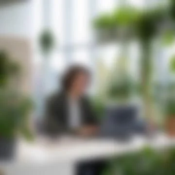 Blurred Bokeh Background of Professional Working at Eco-Friendly Desk Stock Photos