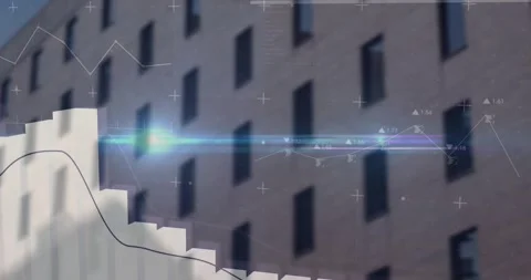 Blurred building facade sparking 3D bars rising and line graph animating while Stock Footage 320287454