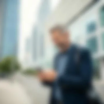 Blurred Business Background of Man Using Smartphone in Modern City Stock Photos