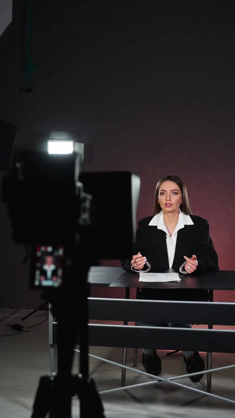 Blurred camera in foreground of studio interview setup. Vertical video. Stock Footage 342931314