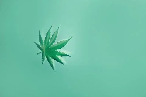 A blurred cannabis leaf on a green background. Stock Photos