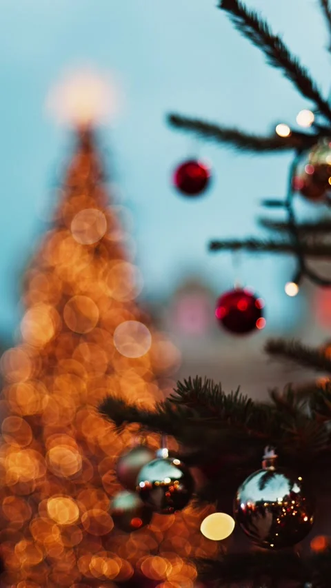 Blurred christmas tree lights and ornaments on pine branch outdoors at dusk.. Stock Footage 339214879