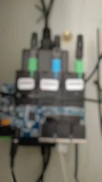 A blurred close up of a server rack, showcasing internet infrastructure Stock Photos