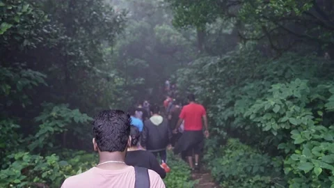 Blurred close-up of tourists or students hiking in the rainy Western Ghats .. Stock Footage 314206102