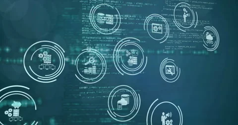 Blurred code opening rings pulsing around user-server icon showing modules Stock Footage 314844985