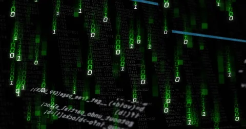 Blurred code starting green binary digits cascading as blue scan line sweeping Video stock 313640054