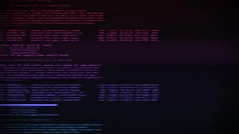 Blurred computer code moving across dark screen in cyan, blue and red Stockbeeldmateriaal 347355282