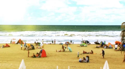Blurred Crowd at Beach on the Atlantic Coast, Argentina - Summer Day Stock Footage 68656100