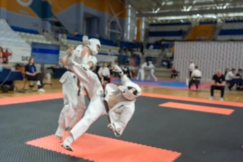Blurred defocused image with two karate practitioners sparring on a tatami ma Stock Photos