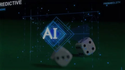 Blurred die rolling from left driving AI emblem analyzing dice on green felt Stock Footage 334788135