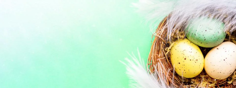 Blurred Easter composition with colorful Easter eggs in nest. Spring concept Stock Photos