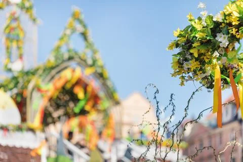 Blurred Easter outdoor decorations background Stock Photos