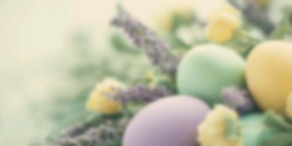 Blurred Easter themed background with pastel eggs and spring flowers. Soft .. Stock Photos