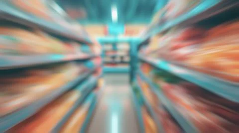 Blurred empty shopping center interior with shelves and lights, calm retail.. Stock Photos