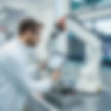 Blurred Engineer Interacting with Industrial Robotic Arm in Lab Stock Photos