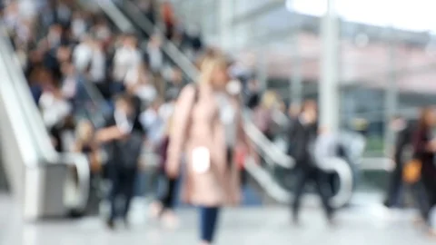 Blurred escalators in a conference building used by crowd of people Stock Footage 124525880