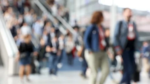 Blurred escalators in convention building used by crowd of people Stock Footage 120138907