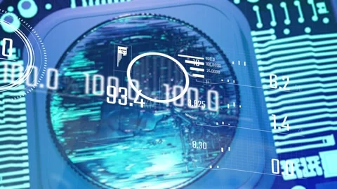 Blurred euro coin animation with data interface overlay modern background. D Stock Footage 257501972