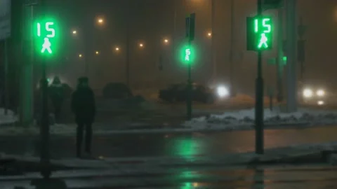 Blurred, focus on Traffic light blinks green and turns red on pedestrian Video stock 130323631