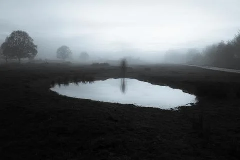 A blurred ghostly figure, reflected in a pond in the countryside Stock Photos