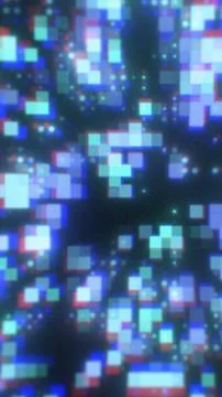 Blurred glowing squares and pixels in various colors floating in a dark dig.. イラスト素材