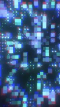 Blurred glowing squares and pixels in various colors floating in a dark digit Illustrazione stock