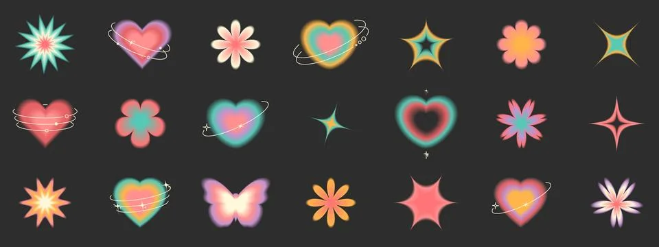 Blurred gradient elements. Heart, daisy, butterfly, star, flower in trendy retro Stock Illustration