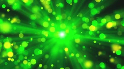 Blurred green lights as sun rays and shine particles with bokeh effect, 3d Stock Illustration