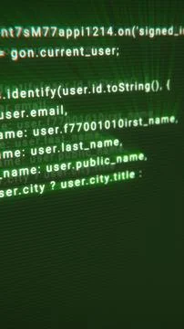 Blurred green matrix of programming code featuring visible user data fields,  Stock Illustration