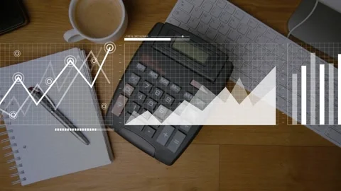 Blurred hand touching calculator keypad initiating HUD elements flowing showing Stock Footage 330003316